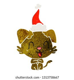 laughing hand drawn retro cartoon of a dog wearing santa hat