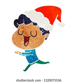 laughing hand drawn retro cartoon of a man running wearing santa hat