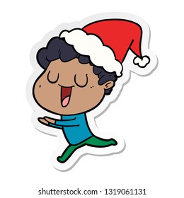 laughing hand drawn sticker cartoon of a man running wearing santa hat