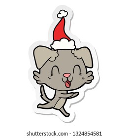 laughing hand drawn sticker cartoon of a dog wearing santa hat