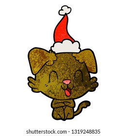 laughing hand drawn textured cartoon of a dog wearing santa hat