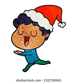 laughing hand drawn textured cartoon of a man running wearing santa hat