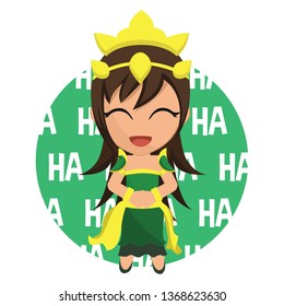 Laughing happy cute girl in green traditional clothes
