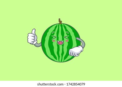 LAUGHING, HAPPY, FUN, cheerful Face Emotion. Thumb Up Hand Hand Gesture. Watermelon Fruit Cartoon Drawing Mascot Illustration.