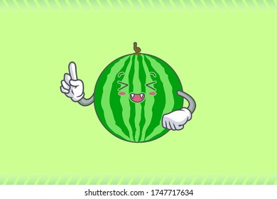 LAUGHING, HAPPY, FUN, cheerful Face Emotion. Forefinger Hand Gesture. Watermelon Fruit Cartoon Drawing Mascot Illustration.