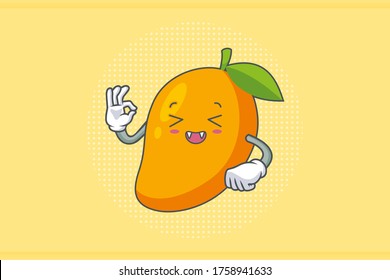 LAUGHING, HAPPY, FUN, cheerful Face Emotion. OK Nice Hand Gesture. Yellow Mango Fruit Cartoon Drawing Mascot Illustration.