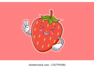 RÍO, FELIZ, DIVERTIDO, alegre emoción facial. Gesto de la mano de la paz. Caricatura De Fruta De Fresa Roja Dibujando Ilustración De Mascota.