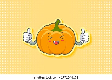 LAUGHING, HAPPY, FUN, cheerful Face Emotion. Double Thumb Up Hand Gesture. Yellow, Orange Pumpkin Fruit Cartoon Drawing Mascot Illustration.