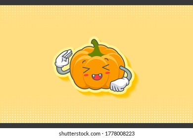 LAUGHING, HAPPY, FUN, cheerful Face Emotion. Salute Hand Gesture. Yellow, Orange Pumpkin Fruit Cartoon Drawing Mascot Illustration.