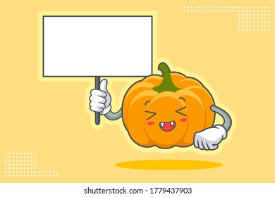 LAUGHING, HAPPY, FUN, CHEERFUL Face Emotion. Holding Whiteboard Hand Gesture. Yellow, Orange Pumpkin Fruit Cartoon Drawing Mascot Illustration.