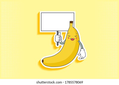 LAUGHING, HAPPY, FUN, CHEERFUL Face Emotion. Holding Whiteboard Handgun Gesture. Banana Fruit Cartoon Drawing Mascot Illustration.
