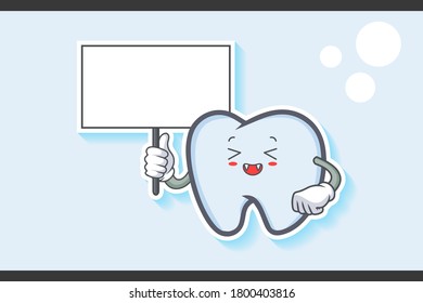 LAUGHING, HAPPY, FUN, CHEERFUL Face Emotion. Holding Whiteboard Gesture. Tooth Cartoon Drawing Mascot Illustration.