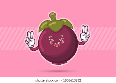 LAUGHING, HAPPY, FUN, CHEERFUL Face Emotion. Double Peace Hand Gesture. Mangosteen Fruit Cartoon Drawing Mascot Illustration.