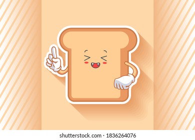 LAUGHING, HAPPY, FUN, CHEERFUL Face Emotion. Forefinger Gesture. Bread Food Cartoon Drawing Mascot Illustration.