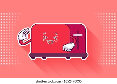 LAUGHING, HAPPY, FUN, CHEERFUL Face Emotion. Salute, Respect Finger Hand Gesture. Toaster Cartoon Drawing Mascot Illustration.