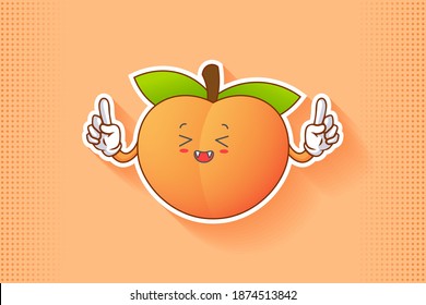 LAUGHING, HAPPY, FUN, CHEERFUL Face Emotion. Double Forefinger Hand Gesture. Peach Fruit Cartoon Drawing Mascot Illustration.