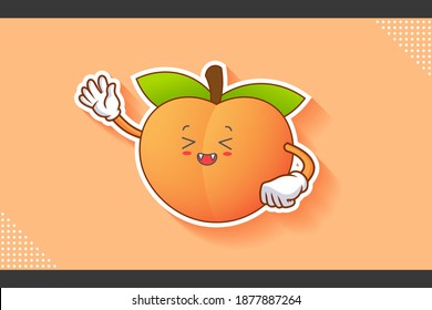 LAUGHING, HAPPY, FUN, CHEERFUL Face Emotion. Waving Hand Gesture. Peach Fruit Cartoon Drawing Mascot Illustration.