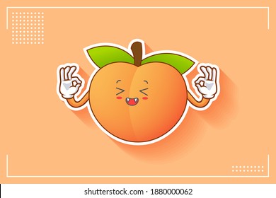 LAUGHING, HAPPY, FUN, CHEERFUL Face Emotion. Double Nice Hand Gesture. Peach Fruit Cartoon Drawing Mascot Illustration.