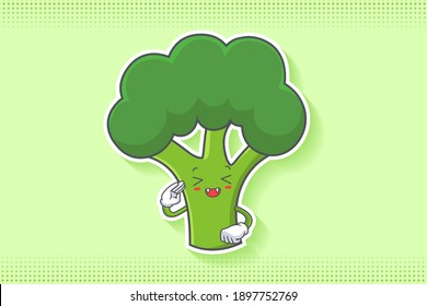 LAUGHING, HAPPY, FUN, CHEERFUL Face Emotion. Salute, Respect Hand Gesture. Broccoli Vegetable Cartoon Drawing Mascot Illustration.