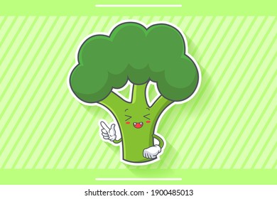 LAUGHING, HAPPY, FUN, CHEERFUL Face Emotion. Forefinger Handgun Gesture. Broccoli Vegetable Cartoon Drawing Mascot Illustration.