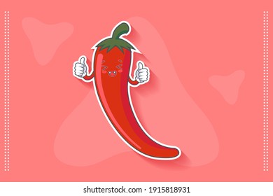 LAUGHING, HAPPY, FUN, CHEERFUL Face Emotion. Double Thumb Up Hand Gesture. Chili Vegetable Cartoon Drawing Mascot Illustration.