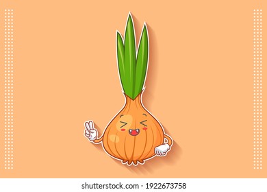 LAUGHING, HAPPY, FUN, CHEERFUL Face Emotion. Peace Finger Hand Gesture. Onion, Garlic Vegetable Character Cartoon Drawing Mascot Illustration.