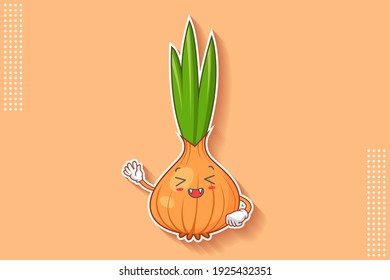 LAUGHING, HAPPY, FUN, CHEERFUL Face Emotion. Salute, Respect Hand Gesture. White Onion, Garlic Vegetable Character Cartoon Drawing Mascot Illustration.