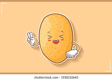 LAUGHING, HAPPY, FUN, CHEERFUL Face Emotion. Peace Finger Gesture. Potato Vegetable Character Cartoon Drawing Mascot Illustration.