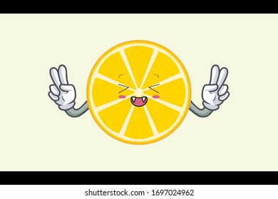 LAUGHING, HAPPY, FUN Face. Double Peaceful Finger. Mascot Illustration. Slice Lemon Fruit.