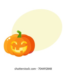 Laughing, happy pumpkin jack-o-lantern with funny teeth, Halloween symbol, cartoon vector illustration with space for text. Pumpkin lantern with smiling, laughing face, Halloween decoration