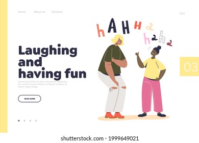 Laughing and having fun concept of landing page with two girls giggling. Cute cartoon female friends joking tell funny stories hilarious and amused together happy smiling. Flat vector illustration