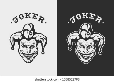 Laughing Head Joker. Hand drawn character. Craft retro graphic design fashion apparel print. T shirt graphic vintage vector illustration label logo sign symbol emblem. White and black background.