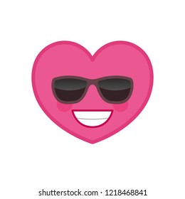Laughing heart shaped funny emoticon icon. Satisfied pink emoji in sunglasses. Social communication and online chatting vector element. Confident face showing facial emotion. Valentine's day mascot