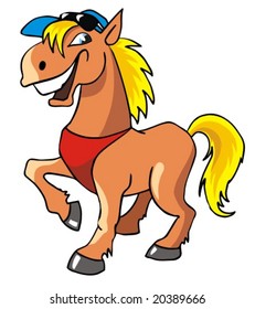 Laughing horse with sunglasses and baseball cap, vector illustration
