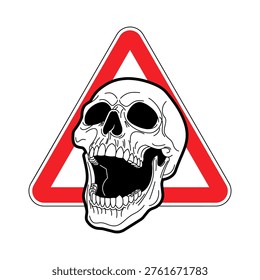 laughing human skull inside a red triangle warning road sign. Concept of danger, lethal threat and caution
