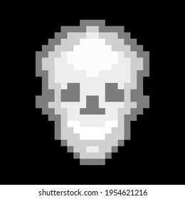 Laughing human skull pixel icon. Evil dead head pirate symbol black flag scary ghost of impending death vector thugs symbol.