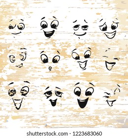Laughing icons drawings on wooden background. Vector illustration drawn by hand.