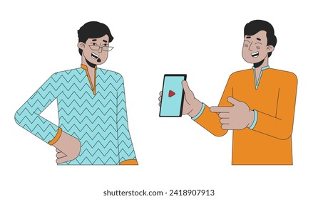 Laughing indian man pointing on phone to friend 2D linear cartoon characters. South asians guys isolated line vector people white background. Hindu festival Deepawali color flat spot illustration