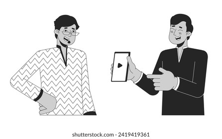 Laughing indian man pointing on phone to friend black and white 2D line cartoon characters. South asians guys isolated vector outline people. Hindu Deepawali monochromatic flat spot illustration