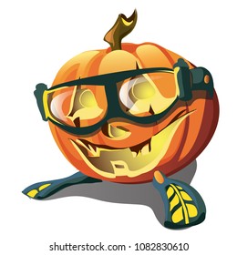 Laughing Jack-o-lantern in driver's glasses and flippers isolated on a white background. The symbol of Halloween. Vector cartoon close-up illustration.