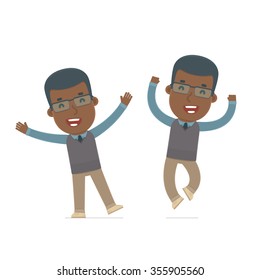 Laughing and Joyful Character African American Teacher celebrates and jumps. for use in presentations, etc.