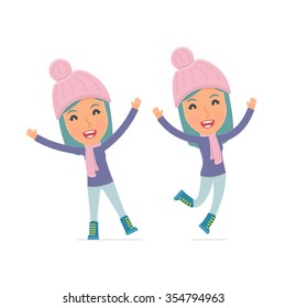 Laughing and Joyful Character Winter Girl celebrates and jumps. for use in presentations, etc.