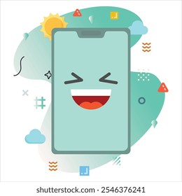 Rindo Emoji Jubilante em uma tela de Smartphone: Design de Ilustração Moderno com um toque criativo de elementos geométricos coloridos | Rindo Jubilant Emoji Icon Design na tela do Smartphone