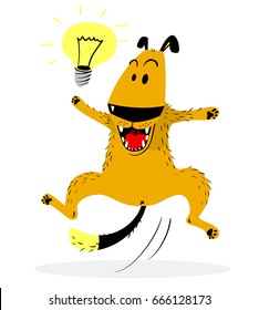 Laughing jumping dog. Idea lamp. Cute dog enjoys the fact that she had the idea. Good mood and emotion. Vector illustration with cartoon animal character