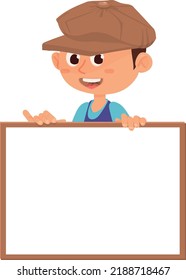 Laughing kid with empty bilboard. Cartoon kid with placard