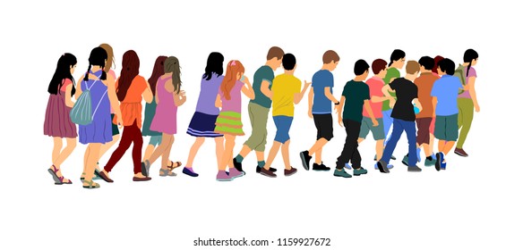 Laughing kids back to school together vector illustration isolated. Happy boys and girls. School excursion, hold hand friends. Children crowds group. Little brother sister crossing street. Friendship.