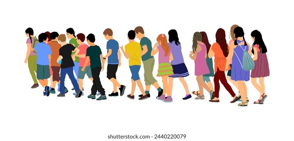 Laughing kids back to school together vector illustration isolated. Happy boys and girls. School excursion, hold hand friends. Children crowds group. Little brother sister crossing street. Friendship.