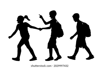 Laughing kids going to school together vector silhouette illustration. Back to school. Boy and girl with backpack. Happy kids friend. Schoolkids education. Sister hold hand brother to crossing street.