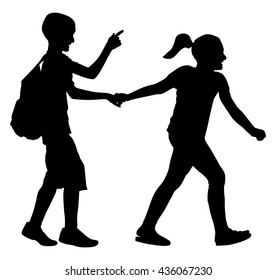 Laughing kids going to school together, vector silhouette illustration. Back to school. Boy and girl with backpack. Happy kids. Happy Schoolkids education. Sister hold hand brother to crossing street.