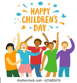 Laughing kids put their hands in the air. Happy Children's Day title. Cartoon illustration about  unity and childhood for your design.